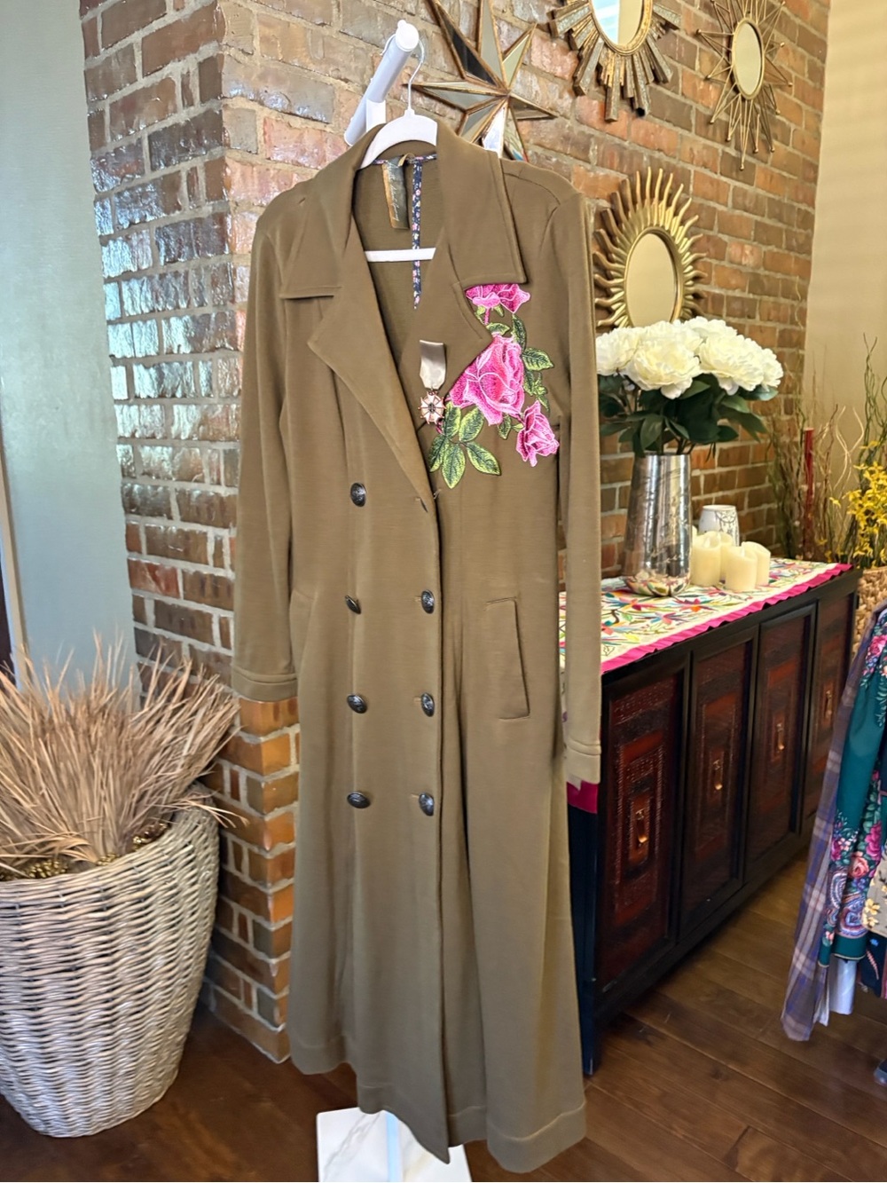 ARATTA Silent J Olive Green Embroidered Long Trench coat with Pink Floral Detail